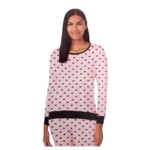 KATE‎ SPADE Bow Print Pajama Top Pink Black Sz L Cozy Chic Loungewear Feminine